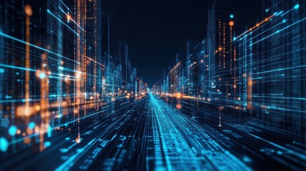 A futuristic cityscape filled with glowing digital lines and data streams, creating a sense of high-tech motion and innovation.