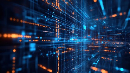 A vibrant digital landscape showcasing intricate lines of blue and orange light, representing technology and data flow in a futuristic environment.