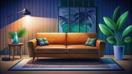 A cozy living room scene featuring a stylish brown sofa, plants, and warm lighting for a relaxing atmosphere. Copy space, commercial use