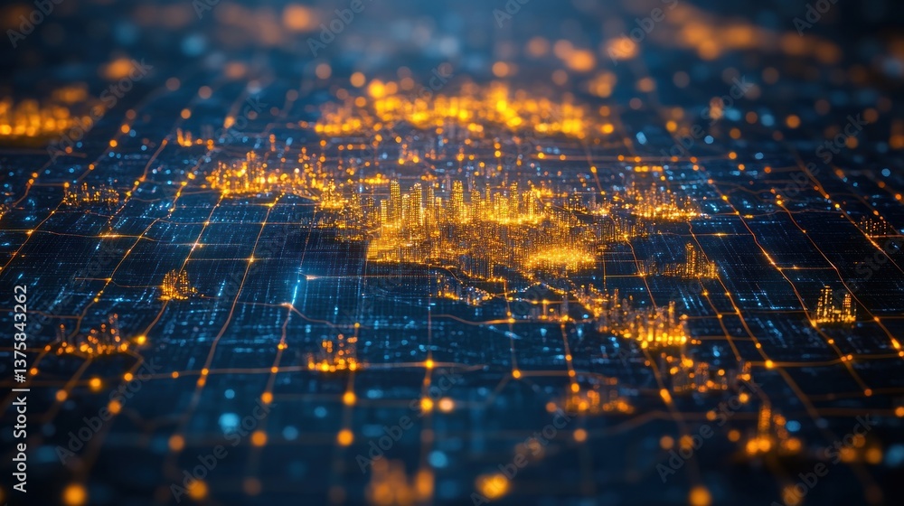 Poster illuminated interconnected network representing urban data flow and digital infrastructure with vibr