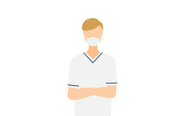Simple illustration of a male nurse with brown hair, arms folded