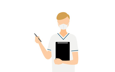 Simple illustration of a male nurse with brown hair taking records