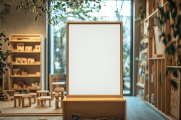 Warm light illuminates a wooden display case filled with curiosities, framed by a bright window view. Cozy and inviting