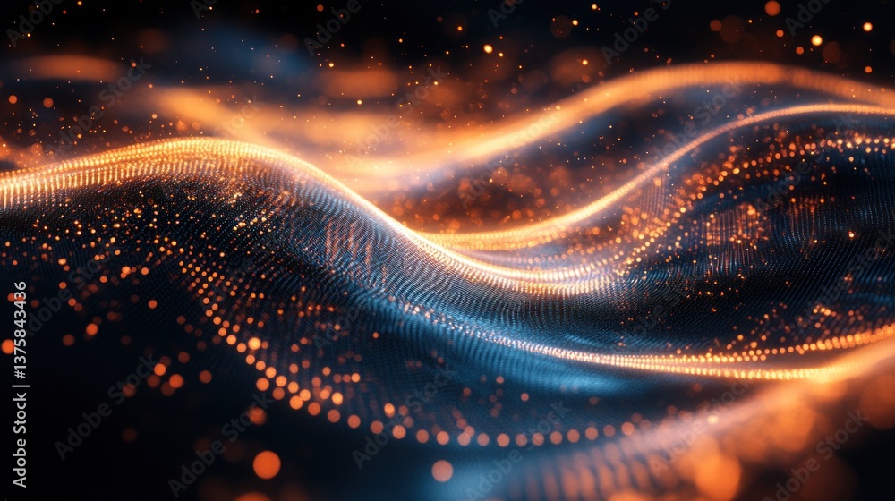 Poster a glowing abstract digital landscape with golden particles flowing over a blue surface resembling du