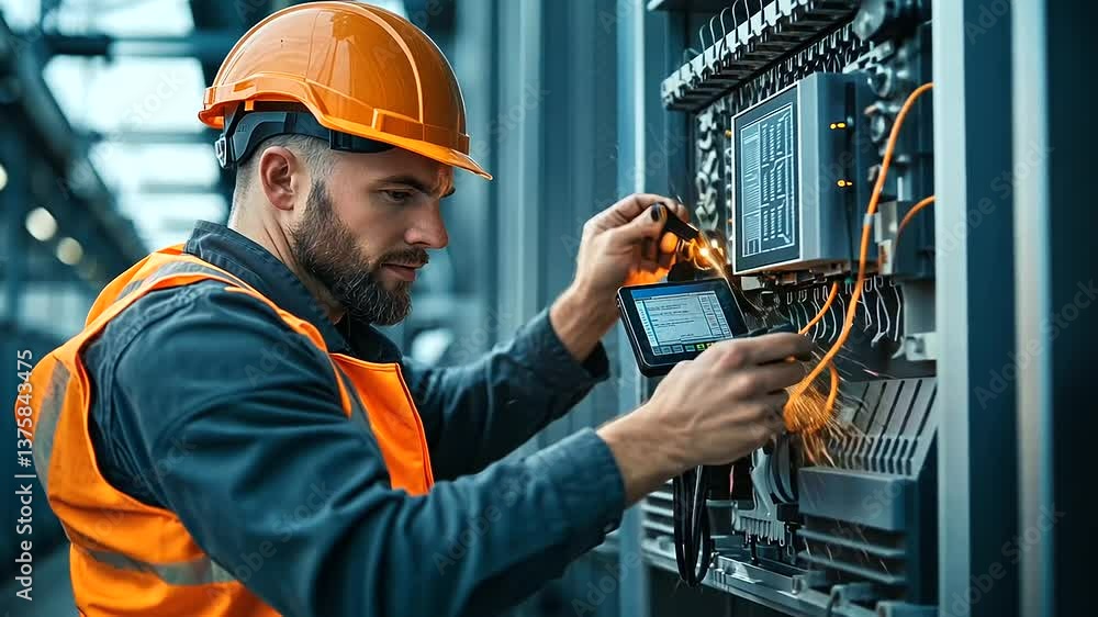 Poster close-up of a worker connecting a portable diagnostic analyzer to the transformer, monitoring data i