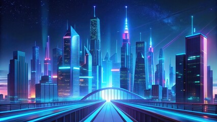 A futuristic skyline illuminated by neon lights, showcasing modern architecture and a vibrant atmosphere. Copy space, commercial use