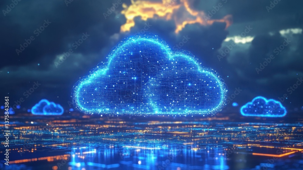 Poster a digital cloud composed of glowing blue particles floats above a network of illuminated circuits, s