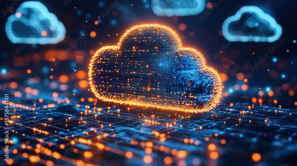 Poster a vibrant digital cloud representation surrounded by glowing particles against a dark background, sy