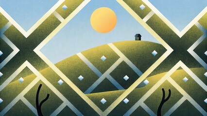 A serene illustration depicting rolling hills and a bright sun shining over a quaint house, perfect for relaxation. Copy space, commercial use