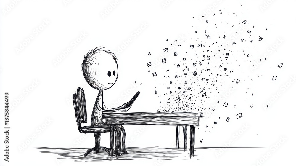 Poster a simple, sketch-like character sits at a table, staring at a device, surrounded by scattered symbol