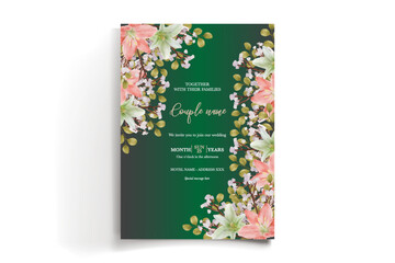 WEDDING INVITATION FRAME WITH FLOWER DECORATIONS AND FRESH LEAVES