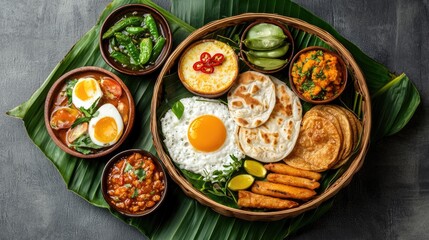 Authentic Sri Lankan kiribath with accompaniments, overhead breakfast scene