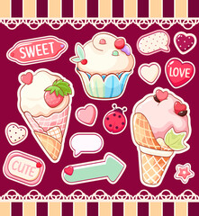 Summer set in kawaii style. Cute eye-catching tag, label with ice cream, cake, heart, index arrow. Collection of cozy sticker. Can be used for t-shirt print, sticker, greeting card. Vector EPS8