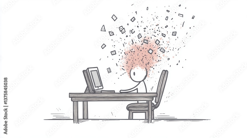 Poster a stick figure sits at a desk with a computer, surrounded by colorful shapes, depicting a moment of 