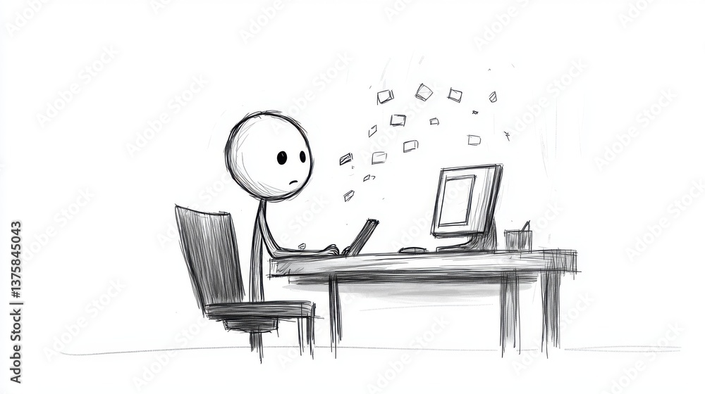 Poster a minimalist sketch of a stick figure working on a laptop at a desk, surrounded by floating paper no