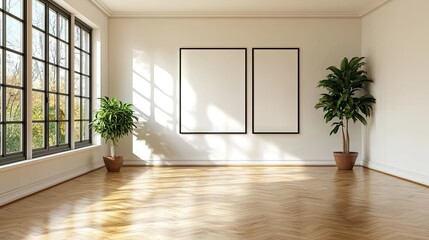 Blank white wall mockup in sunny modern empty gallery, large banner exposition