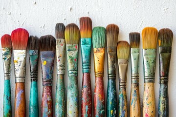 Fototapeta premium Various used paint brushes arranged on a textured white surface