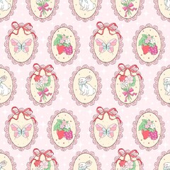 Vintage Cameo Easter Pattern. Coquette Lace Frame Pattern. Romantic Spring Oval Frames