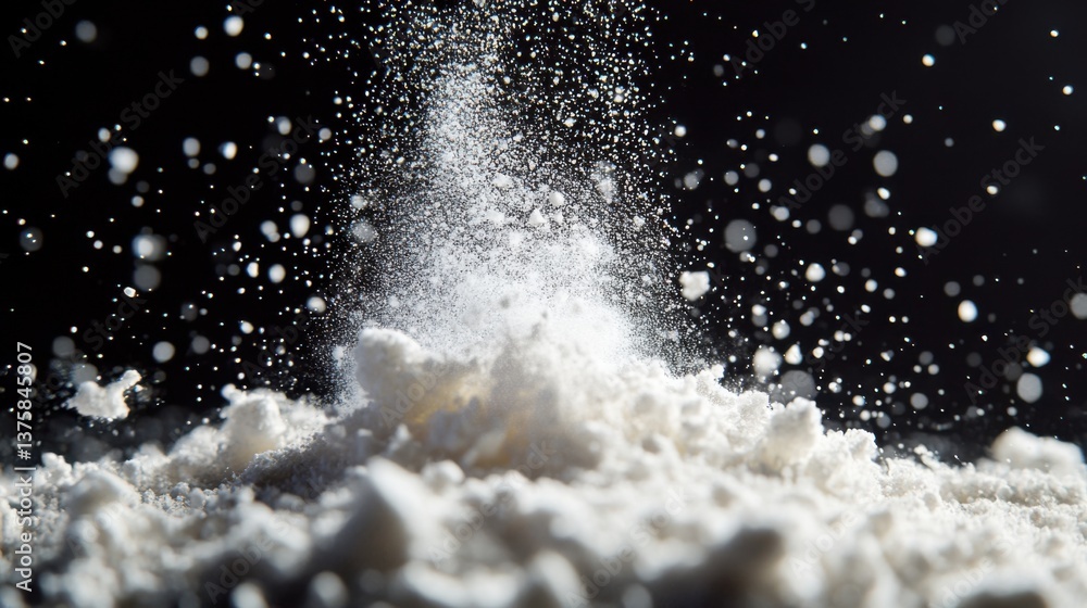 Poster a close-up image of white flour being sprinkled, creating a cloud of fine particles against a dark b