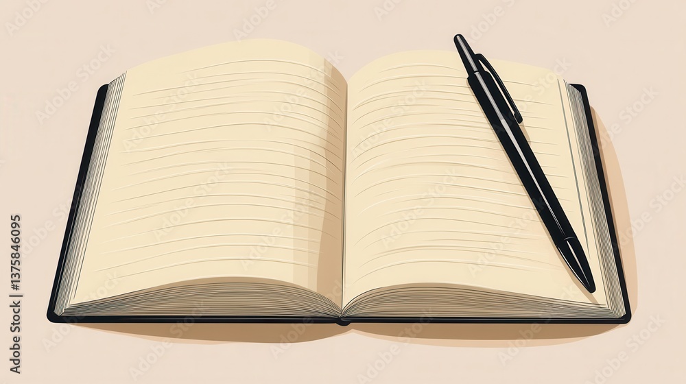Poster an open notebook with blank pages and a pen resting on it, suggesting readiness for writing or note-