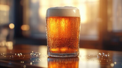 A chilled glass of beer with condensation sits on a wooden surface, illuminated by warm light, creating a refreshing and inviting atmosphere.
