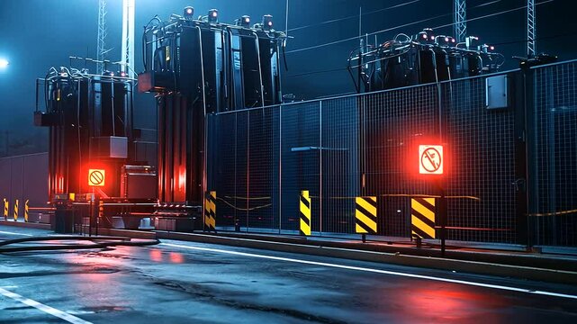 A dramatic angle of towering power transformers, with glowing warning signs at their base, high-security fencing surrounding the units, and yellow safety barriers marking restricte
