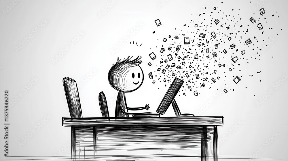 Poster a cheerful stick figure sits at a desk, interacting with a computer, as colorful squares burst forth