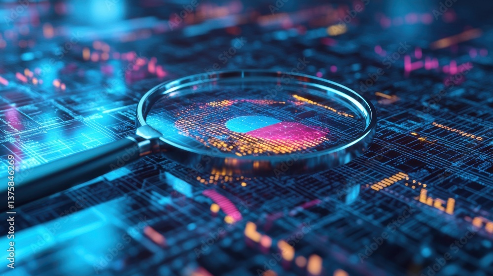 Poster a close-up view of a magnifying glass over a digital circuit board, showcasing colorful data pattern