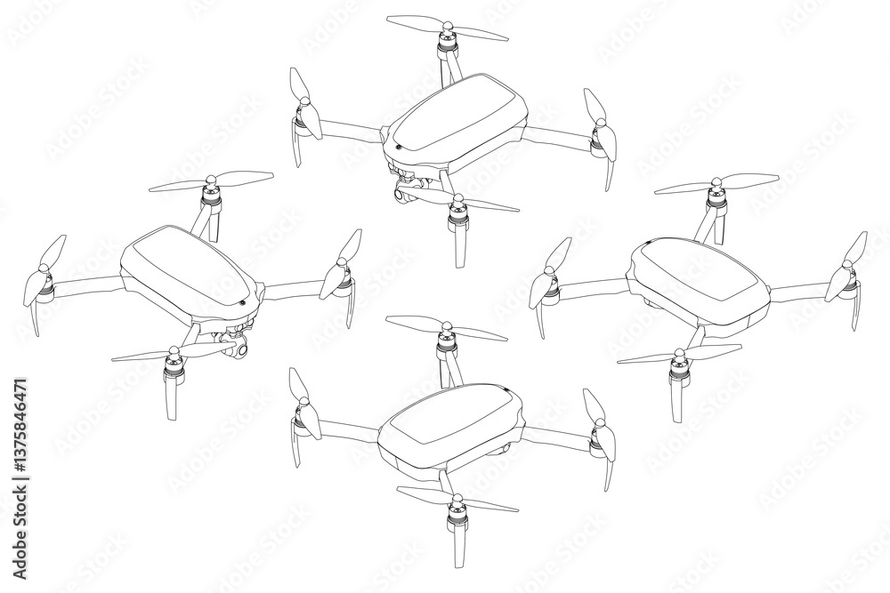 Poster four drones are flying in formation. the drones are all the same size and color. they are flying in 