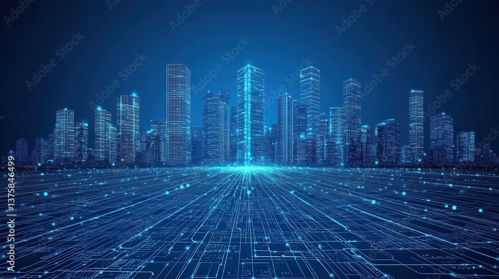 Poster A futuristic city skyline illuminated in blue, featuring towering skyscrapers and a digital grid pattern extending towards the foreground.
