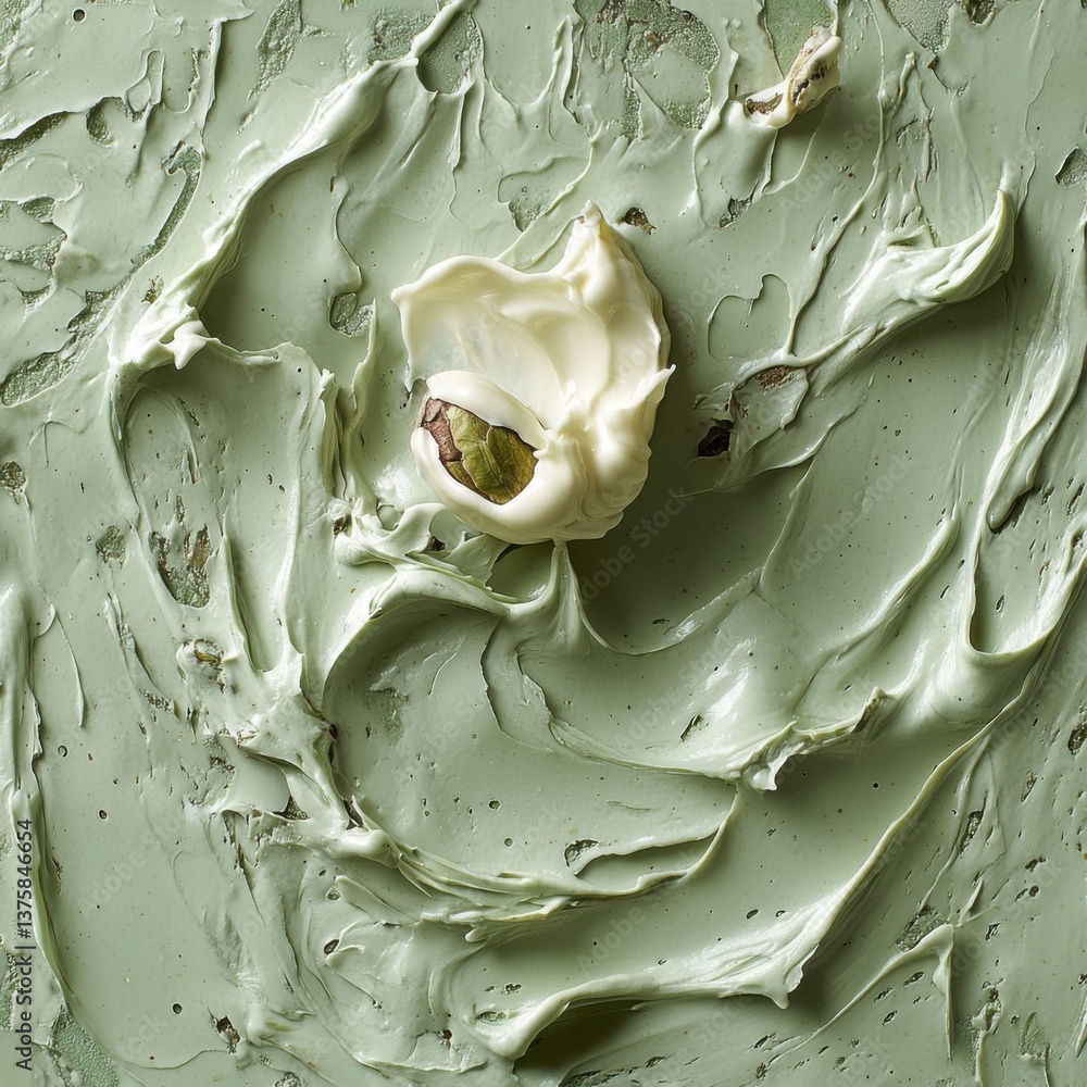 Poster a close-up view of smooth, green frosting with a swirl pattern, featuring a single white chocolate p