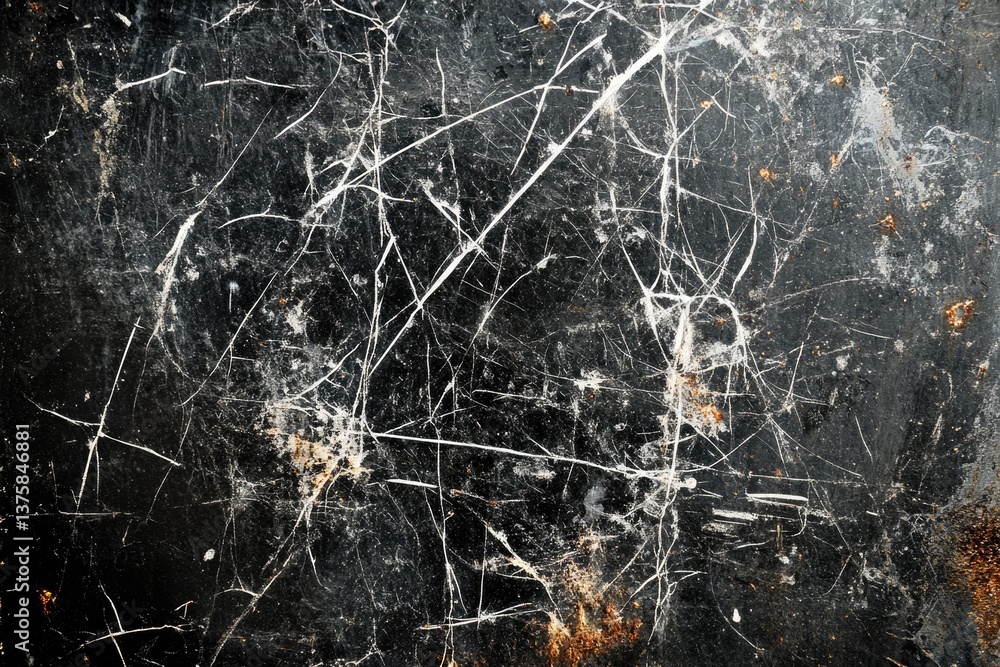 Poster scratched and weathered dark surface with white lines and rust spots.