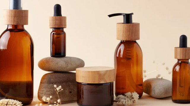 Cosmetic natural skin care products behind pastel wall. Close up