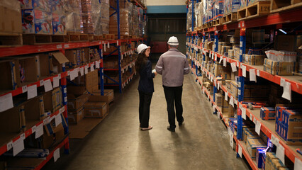 Business woman and warehouse workers are reviewing the list of items based on the documentation