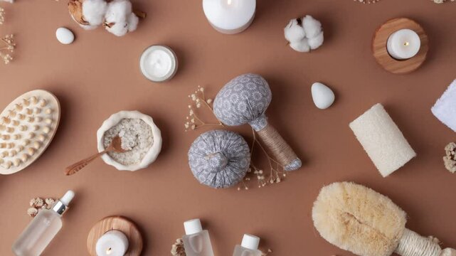 Spa treatment with cosmetic bottle, candles and herbal bag, towel on brown background. Flat lay