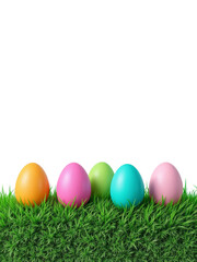 Fototapeta premium Five vibrantly colored Easter eggs sit atop a bed of lush, green grass against a transparent background