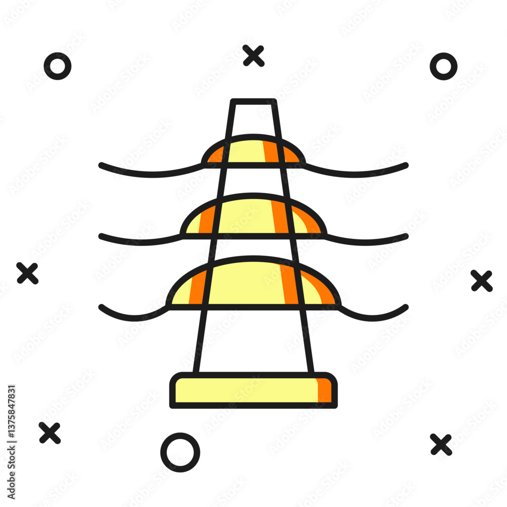 Poster filled outline electric tower used to support an overhead power line icon isolated on white backgrou