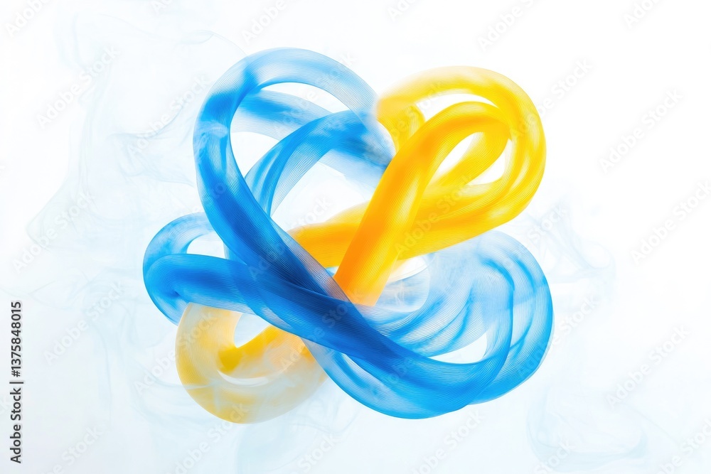 Poster abstract art featuring intertwined blue and yellow fabric ribbons, creating a dynamic and visually c