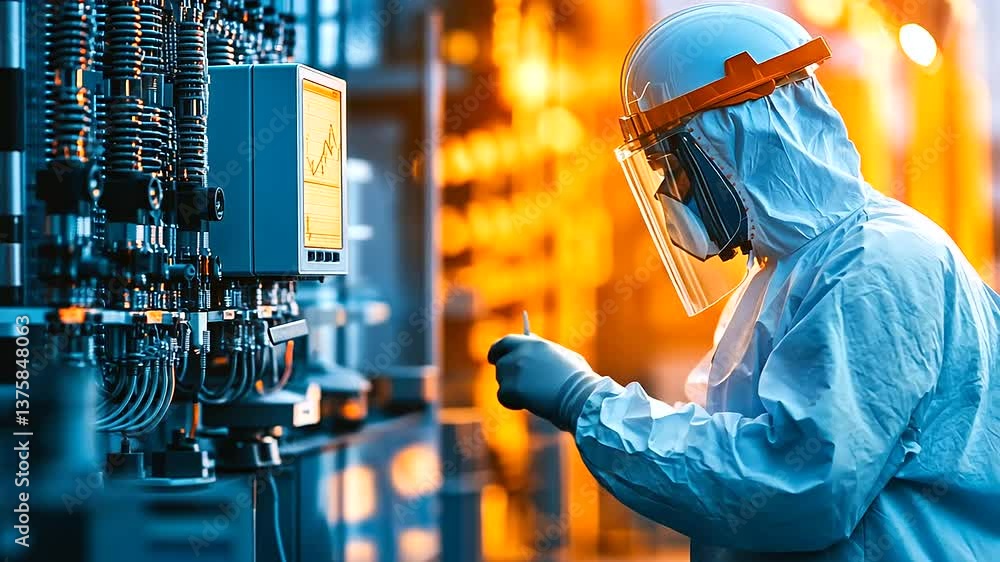 Poster a detailed inspection scene where a worker in a protective suit conducts thermal scans on a power tr