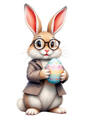 Fototapeta premium A digitally rendered, cartoonish Easter bunny wearing a tan suit and round glasses, holding a pastel-colored Easter egg