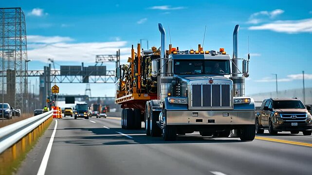 A close-up view of a high-voltage transformer being transported on a heavy-duty truck, its massive size dwarfed by the vehicle, with highway signs and construction barriers indicat
