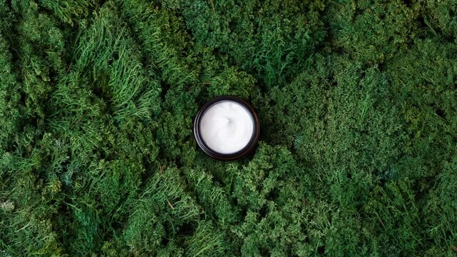 Jar of cosmetic cream on green moss natural background. Flat lay, copy space.