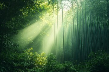 Obraz premium Sunlight streams through a dense bamboo forest creating an ethereal atmosphere