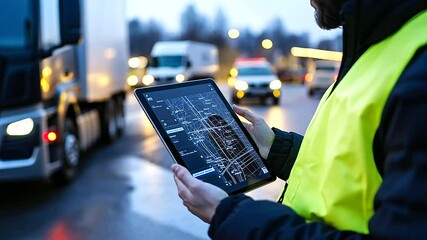 Close-up of a logistics coordinator in a high-visibility vest, standing next to a truck in a parking lot, checking real-time traffic data on a tablet with a detailed route map disp