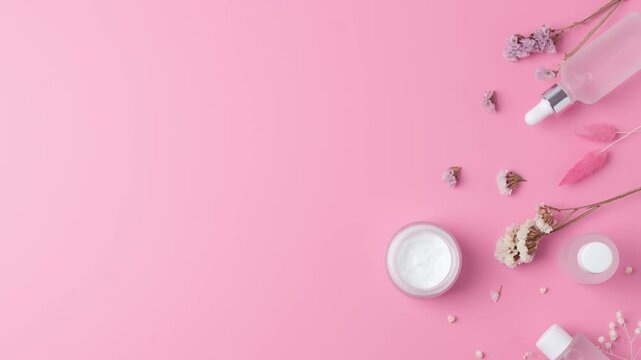 Cosmetic skin care products with flowers on pink background. Flat lay, copy space