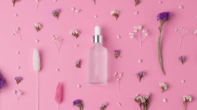 Cosmetic bottle with flowers on pink background. Flat lay
