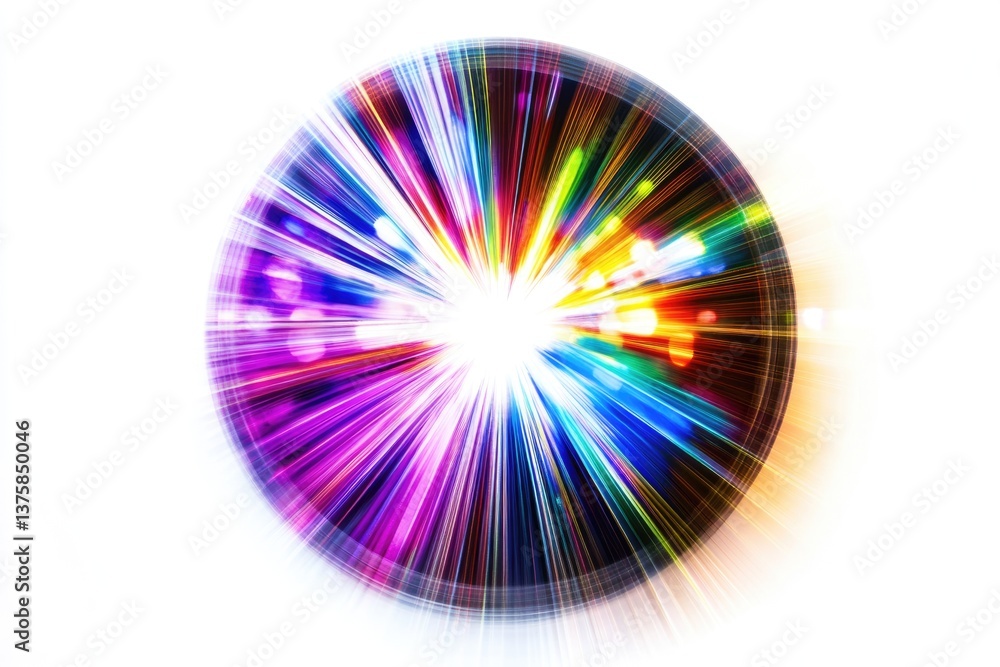 Poster a vibrant, multicolored burst of light radiating from a central point, creating a dynamic and energe