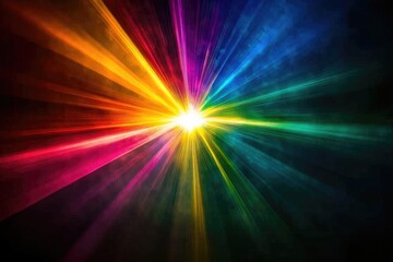 Vibrant rainbow laser light burst exploding from central point, radiating outwards.