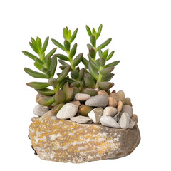 Lush Green Succulent Arrangement with Decorative Stones on Natural Rock Surface