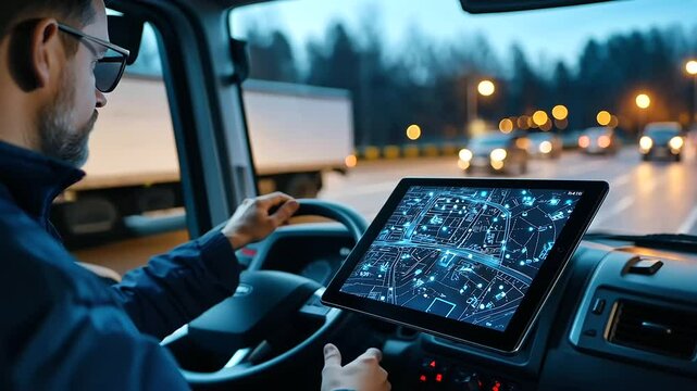 A logistics coordinator checking the route on a tablet inside a truck cab, the screen showing traffic conditions and delivery progress, while the truck is parked in an organized tr